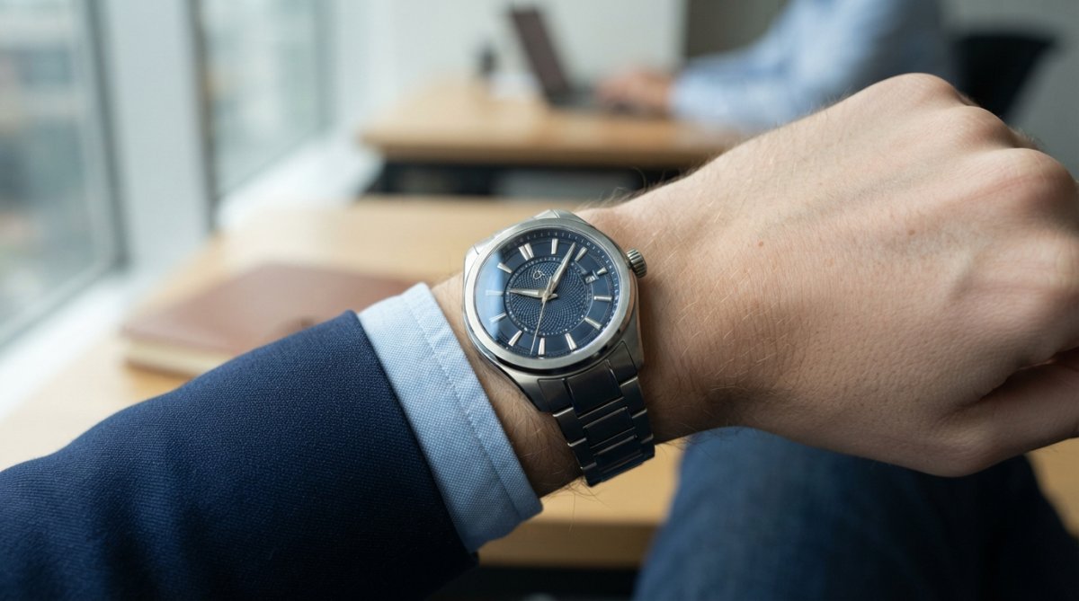 Close-up of a luxury watch on a wrist showing hand-finished titanium case with ornate dial details and sapphire crystal reflecting light, worn by a professional in casual business attire in natural daylight