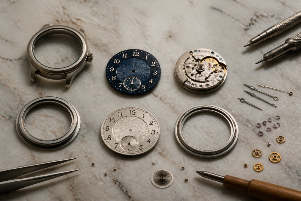 Flat-lay arrangement of luxury watch components including hand-finished titanium case, applied Breguet numerals, guilloche-decorated dial with starlit colorways, and custom caliber movement displayed on refined marble surface with professional lighting
