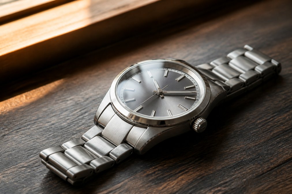 Close-up of a stainless steel automatic watch case and bracelet resting on a dark wooden surface, the sapphire crystal catching warm window light and the brushed metal texture clearly visible
