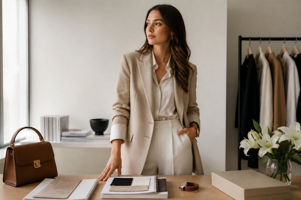 Woman in a neutral tailored blazer and silk blouse helping her look wealthy in a minimalist room.