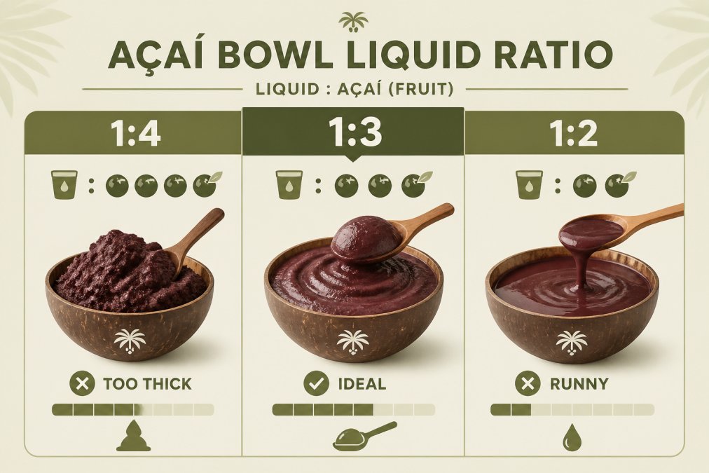 Bar chart comparing liquid-to-fruit ratios and their resulting consistency outcomes: 1:4 ratio (too thick/difficult to blend), 1:3 ratio (ideal scoopable), 1:2 ratio (runny smoothie consistency)