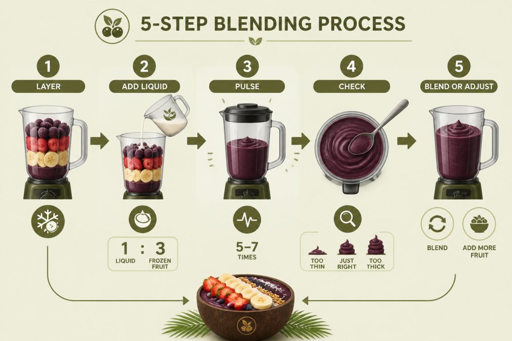 Flowchart of the 5-step blending process: 1) Layer frozen fruit and liquid in blender, 2) Add liquid (1 part liquid to 3 parts frozen fruit), 3) Pulse 5-7 times at high speed, 4) Check consistency and assess thickness, 5) Blend to target texture or add more fruit if needed