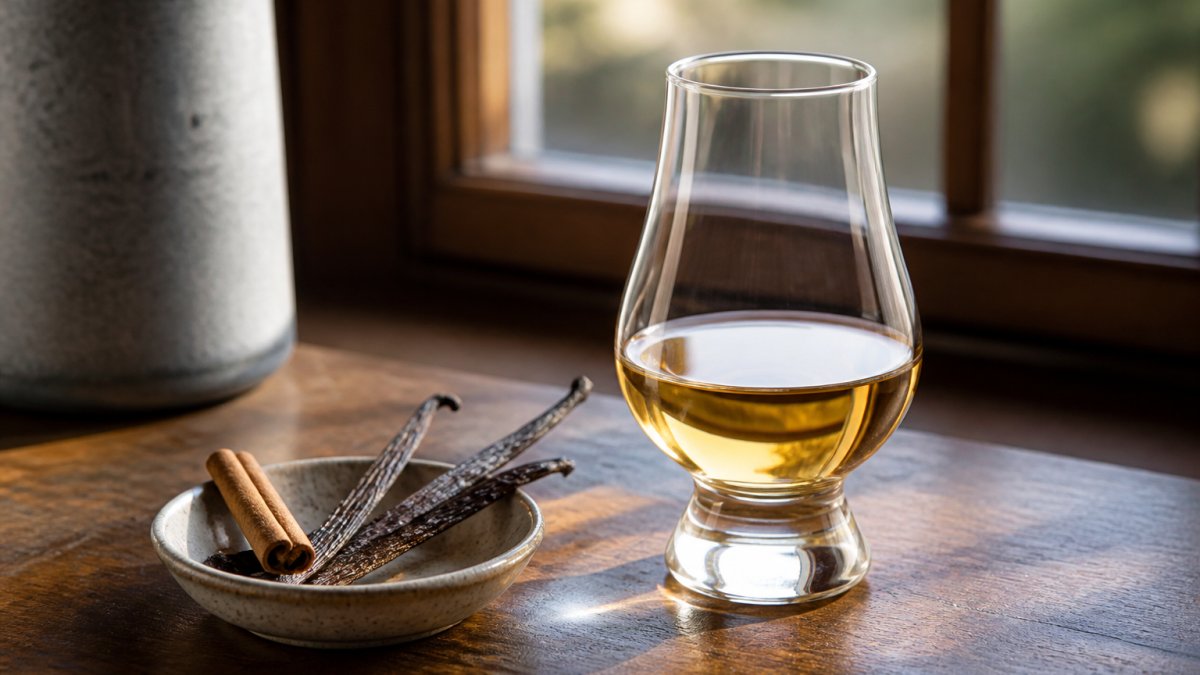 Infographic diagram mapping the flavor profile of light whiskey with vanilla and cinnamon notes.