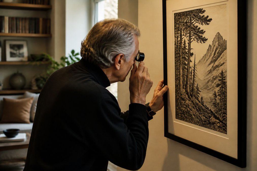 A collector's hands holding a magnifying loupe over a framed art print on a living room wall, examining the paper texture and ink detail in warm natural light