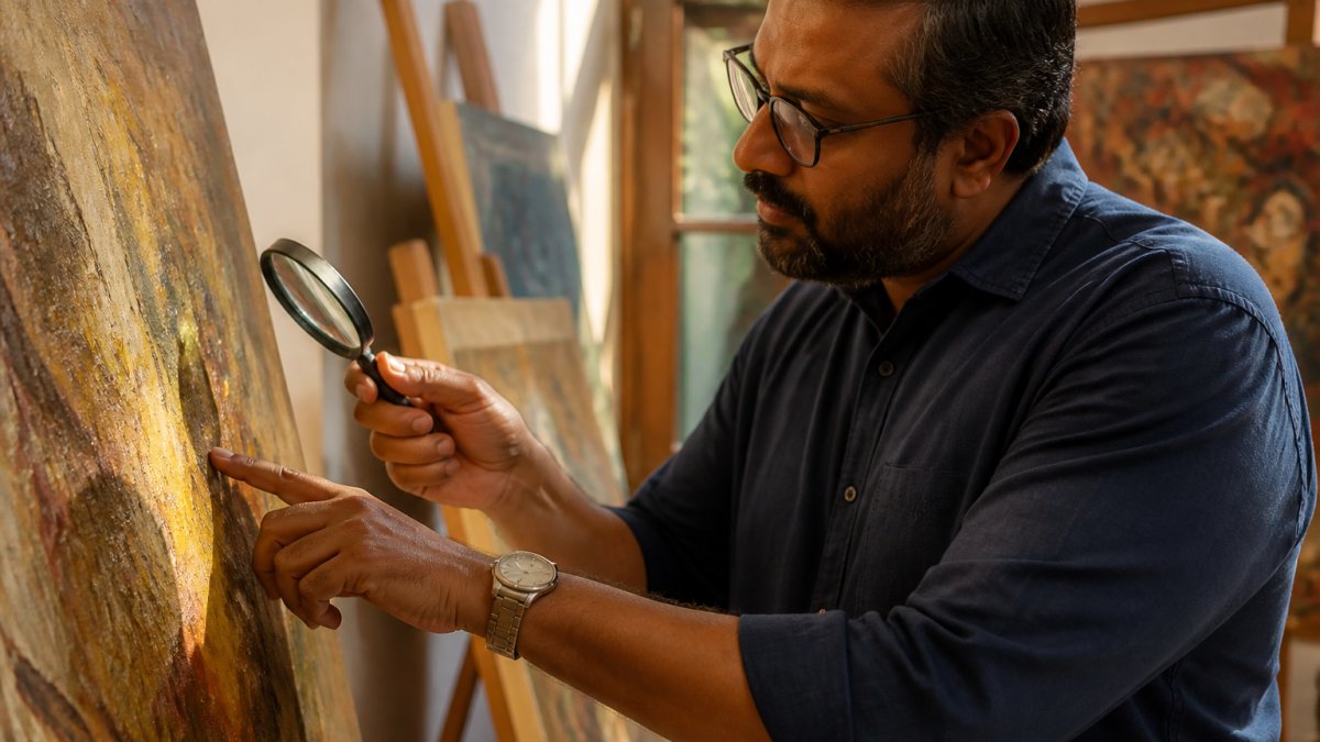 Close-up of hands examining an original painting, inspecting brushstrokes, texture, and signature details under natural light