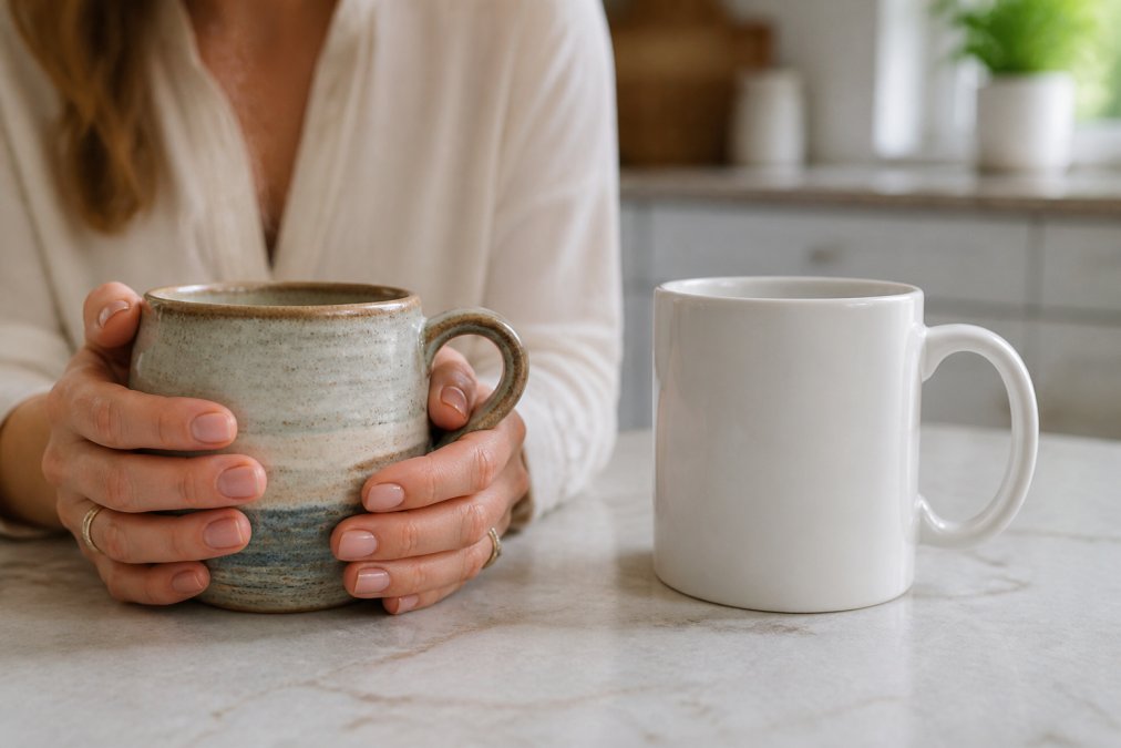 A professional woman's hands wrapped around a handmade ceramic mug with visible brushstroke texture, steam rising, in a sunlit kitchen setting