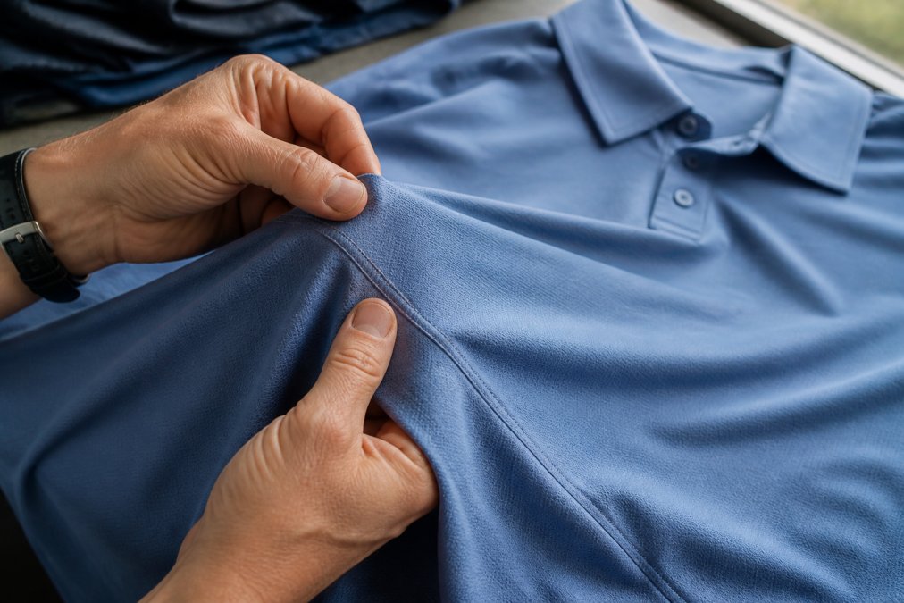 Professional demonstrating reinforced seam construction on a golf polo, showing the stitching detail and fabric weave under natural lighting