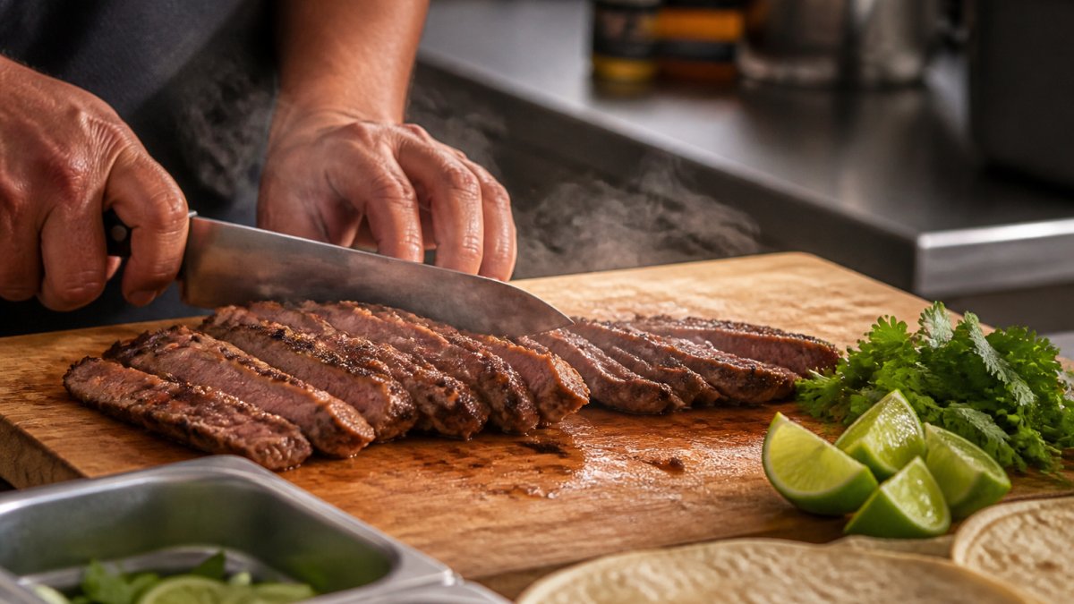 Hands slicing hot carne asada on a cutting board to prepare authentic Mexican tacos with lime and cilantro.