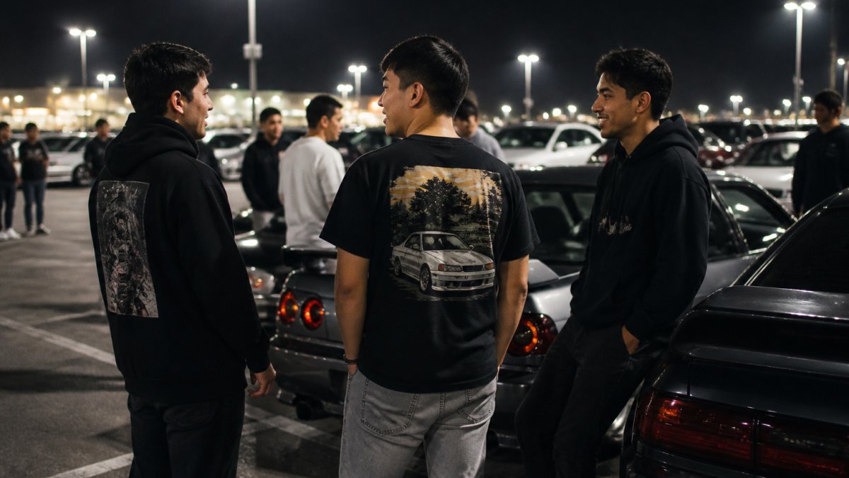 Young enthusiasts in casual graphic streetwear chatting beside modified cars at a nighttime meet.