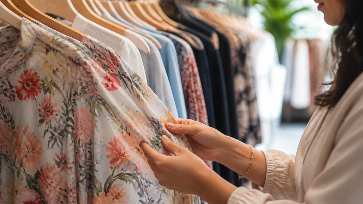 Close-up of a woman's hands feeling the fabric of a floral blouse on a boutique clothing rack, with soft natural light and other garments blurred in the background