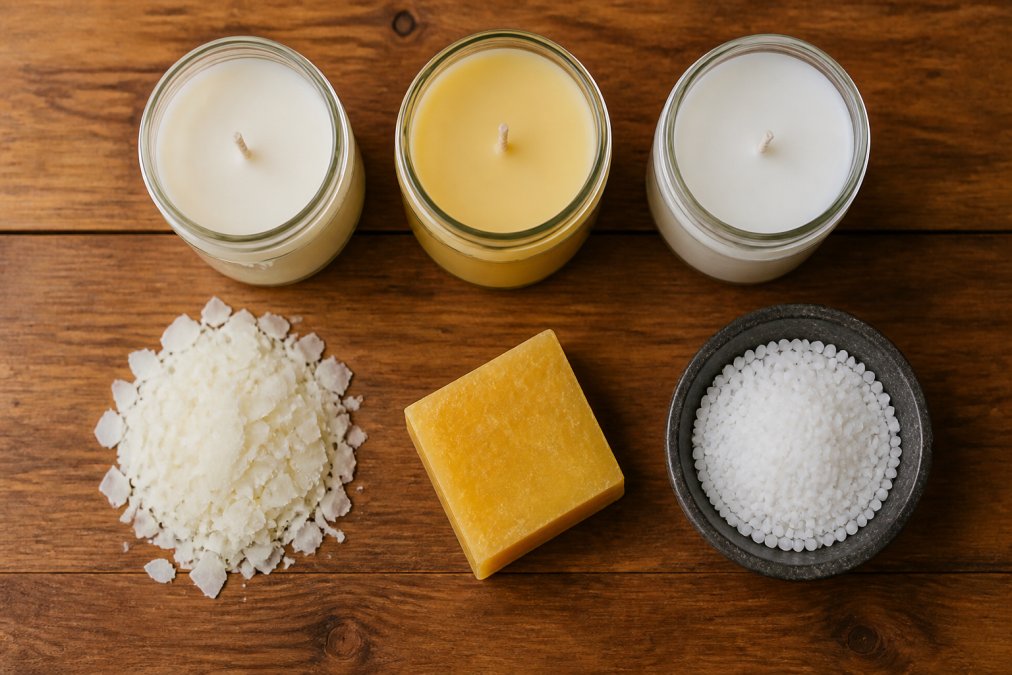 Overhead shot of three hand-poured candles in clear glass jars on a wooden table, with soy wax flakes, a block of beeswax, and a small dish of paraffin wax pellets placed beside them for comparison