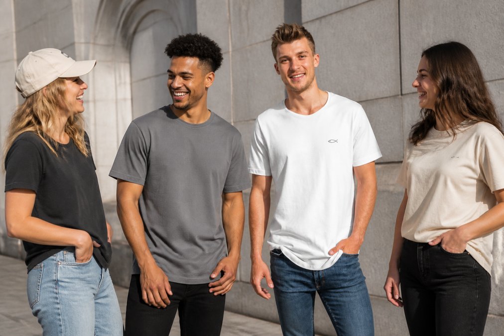 Young adults wearing modern Christian apparel in casual urban setting, displaying diverse design styles from minimalist subtle graphics to bold typography, natural daylight