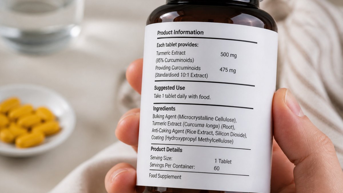 Infographic highlighting key data on a supplement label including extract ratio, curcuminoids, and ingredients.