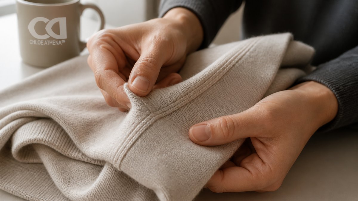 Close-up of hands examining fabric texture and seam quality on a folded sweater, with natural light showing thread details and stitching patterns