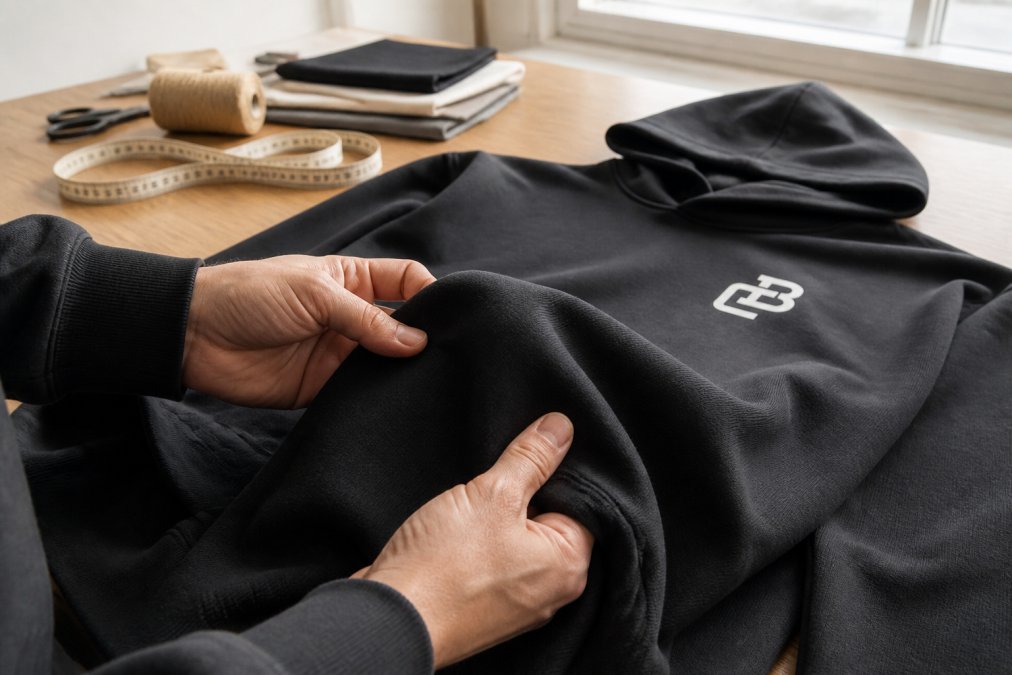 Close-up of hands carefully examining fabric texture, feeling the weave and thread density of a premium cotton garment under natural window lighting