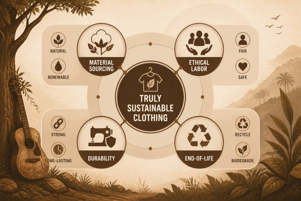 Diagram showing four pillars of sustainable clothing labeled Material Sourcing, Ethical Labor, Durability, and End-of-Life, connected to a central circle labeled Truly Sustainable Clothing