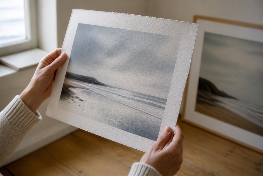 Hands holding a textured coastal art print on premium matte paper in soft natural light with framed decor nearby