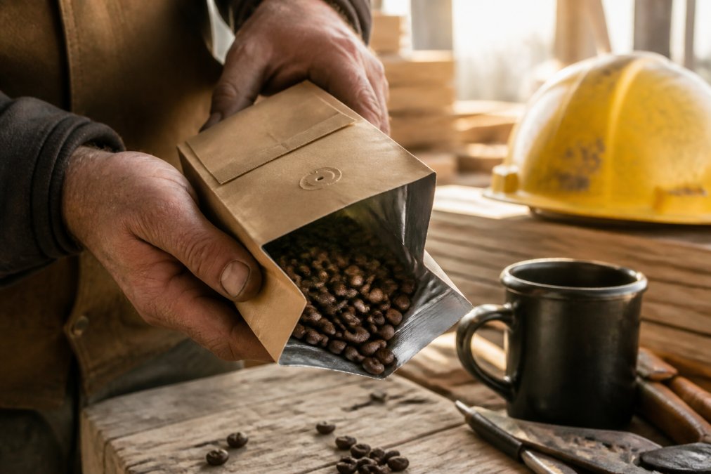 Close-up of a construction worker's calloused hands holding a freshly opened coffee bag, whole beans spilling out, with a clear roast date label visible on the kraft paper packaging, set against a job site workbench in morning light