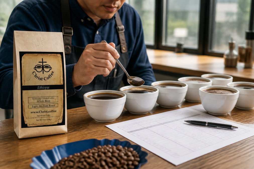 Q Grader or coffee professional holding a cupping spoon over white ceramic bowls filled with brewed coffee, score sheets and tasting notes visible on the table, natural light from windows illuminating the cupping room