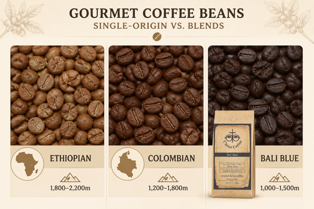 Close-up of specialty coffee beans from three different origins displayed side by side, Ethiopian beans showing a lighter brown with hints of green, Colombian beans displaying a medium chocolate brown, and Bali Blue beans showing a darker, deeper blue-tinted brown, with origin labels and altitude markers visible