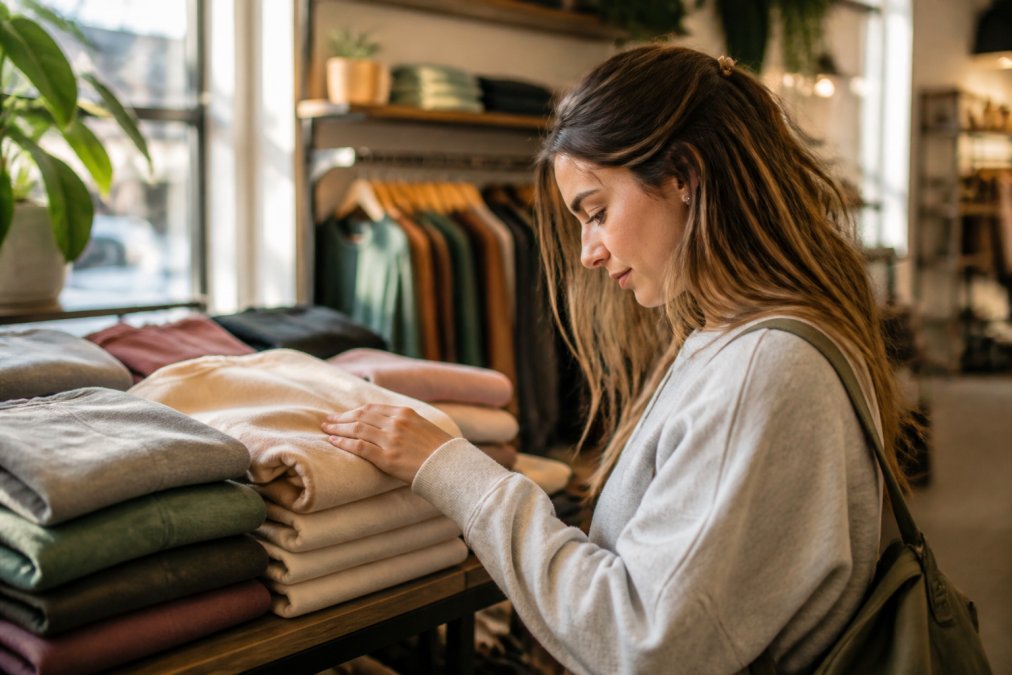 A customer carefully examining a display of cozy sweatshirts in a boutique setting, running their hand along the fabric with visible attention and thoughtfulness, warm natural light streaming through store windows