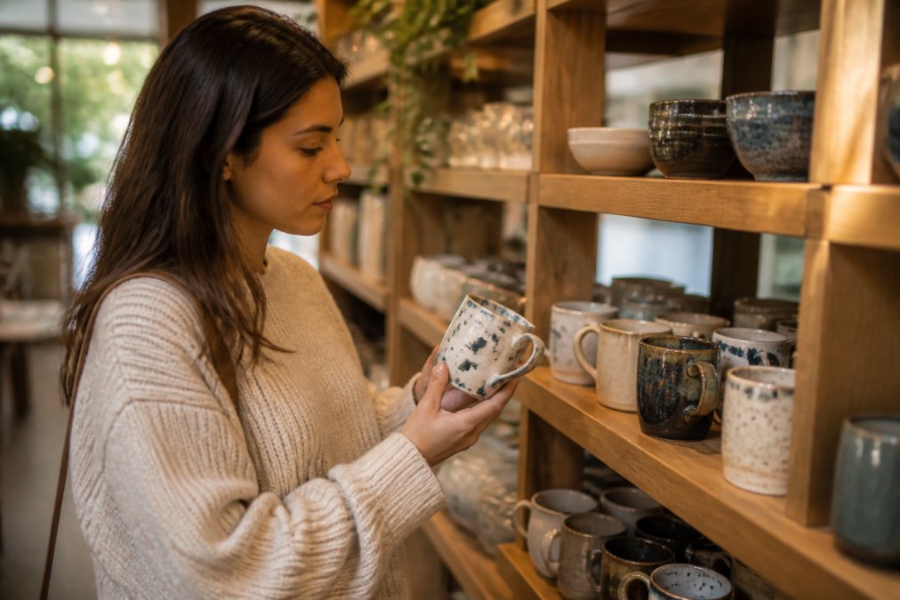 A gift-giver carefully selecting a beautiful ceramic mug from a curated display, holding it up to examine the design and craftsmanship, considering how it might resonate with a specific friend, soft ambient lighting highlighting the product's details