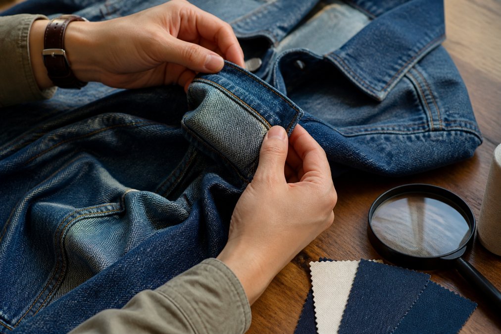 Close-up of hands examining the fabric and stitching of a denim jacket on a wooden table, with a magnifying glass and fabric swatches nearby in warm natural light