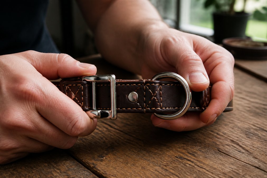 Close-up of a hand testing the buckle and stainless steel D-ring on a dark leather dog collar, with visible reinforced stitching in natural window light