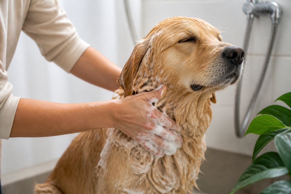 Infographic detailing the step-by-step process of bathing a dog with natural shampoo for sensitive skin