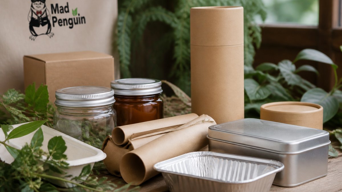 Glass jars, kraft paper tubes, and aluminum containers arranged with fresh herbs on a natural wooden surface.