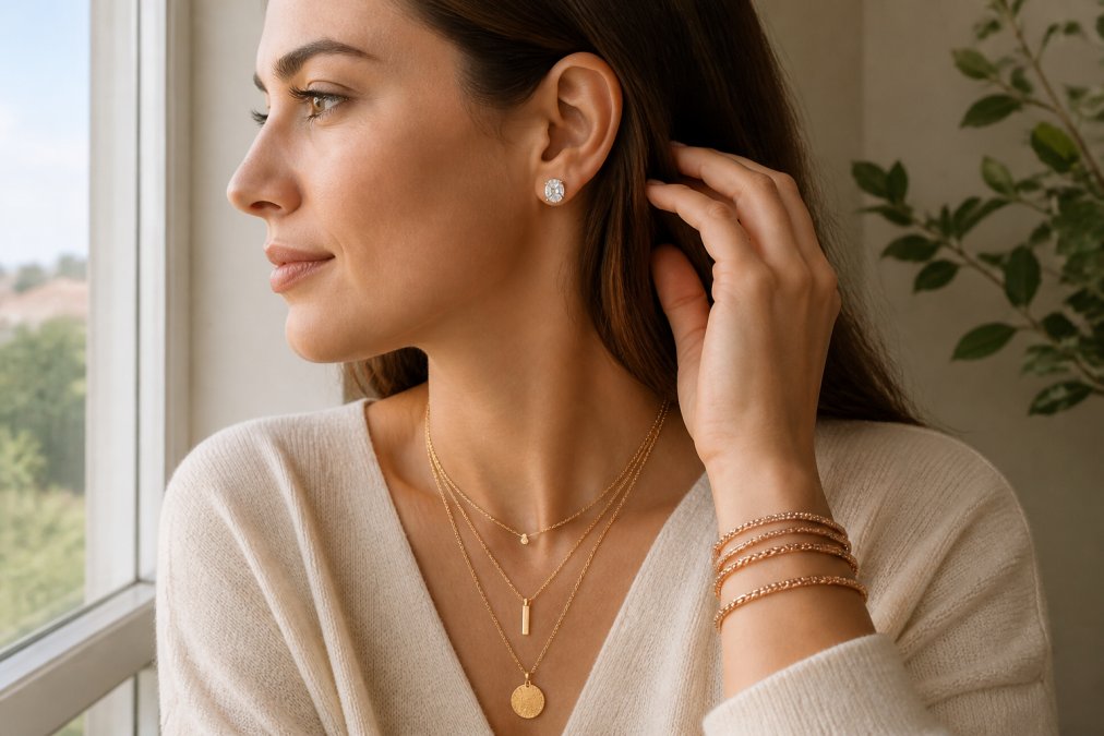 Woman wearing layered delicate gold-plated necklaces in varying lengths paired with stacked rose gold bracelets, styled with a cream-colored minimalist sweater and natural lighting from a window