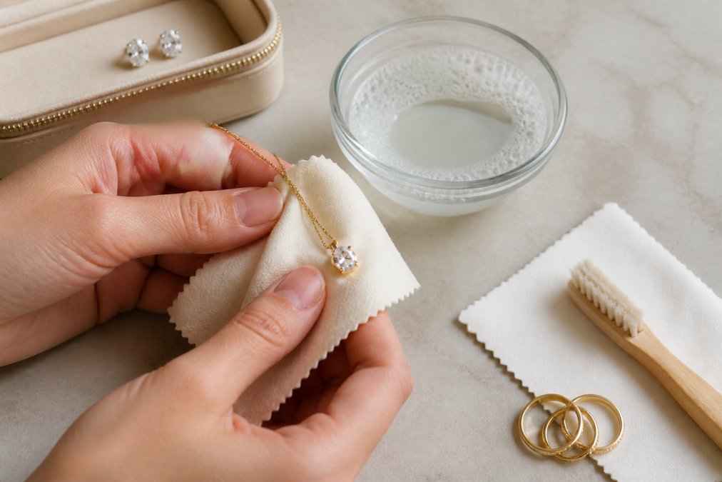Close-up of hands gently polishing a delicate gold-plated necklace with a soft microfiber cloth, with a small bowl of warm soapy water and a jewelry box in soft focus in the background