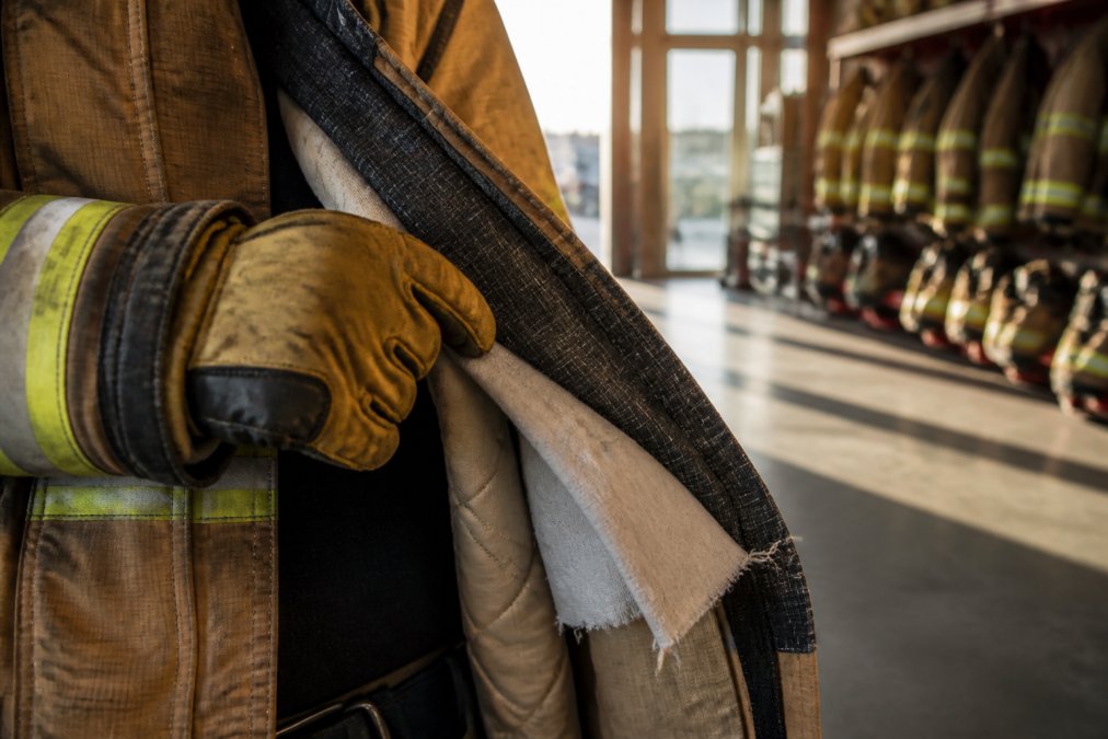 Close-up of a firefighter's gloved hand gripping the layered fabric of a turnout coat, with the outer shell, moisture barrier, and thermal liner separated slightly to reveal the multi-layer construction, photographed in a firehouse bay with warm afternoon light