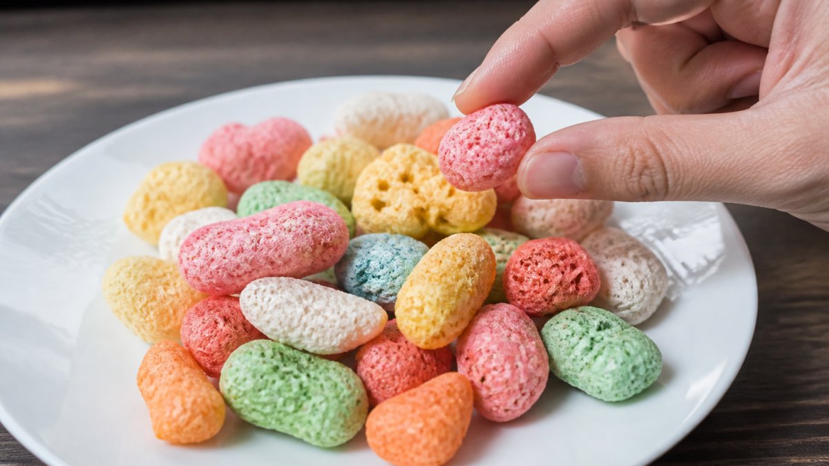 Close-up of colorful freeze-dried candy pieces on a white plate, showing their light, airy texture and irregular puffed shapes, with a hand reaching for one piece