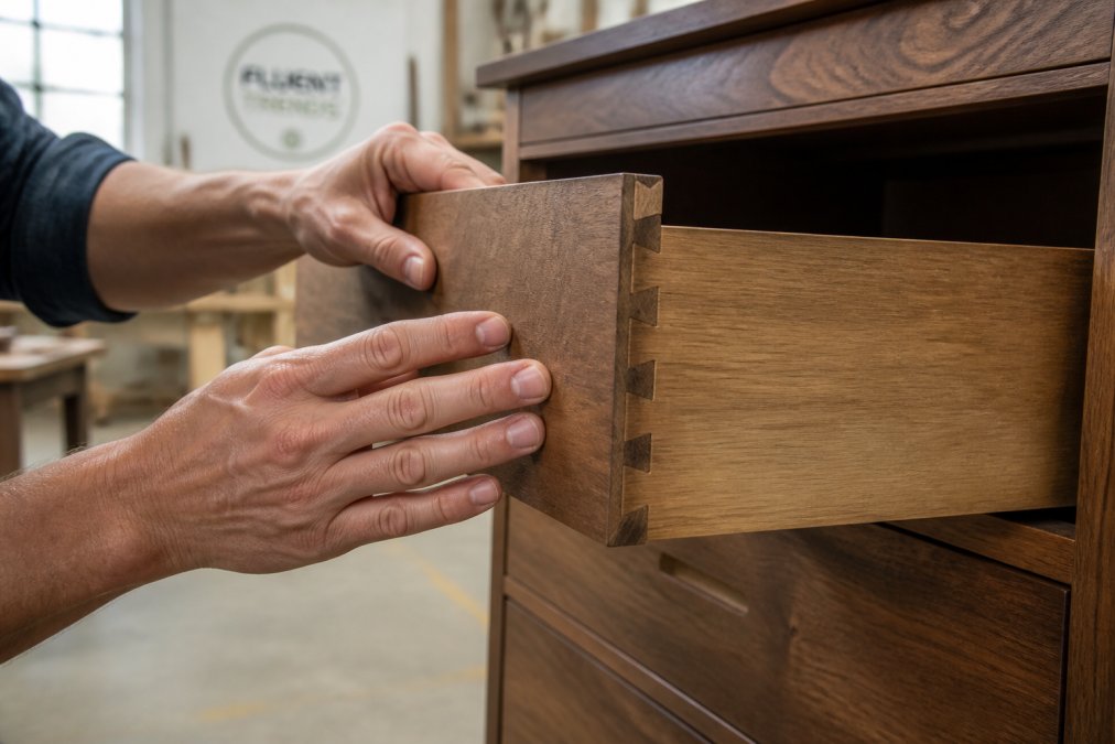 Close-up of hands running along the edge of a solid wood dresser drawer, showing dovetail joinery details in a well-lit workshop setting