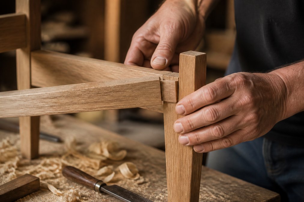 Close-up photograph of an artisan's hands inspecting a mortise and tenon joint on a solid timber chair frame, wood shavings and chisels visible on a workbench