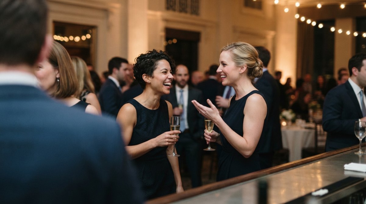 Event photographer discreetly positioned at the edge of a gala, capturing a genuine moment of laughter between two guests in elegant attire, with soft golden uplighting creating depth, photographer partially out of frame
