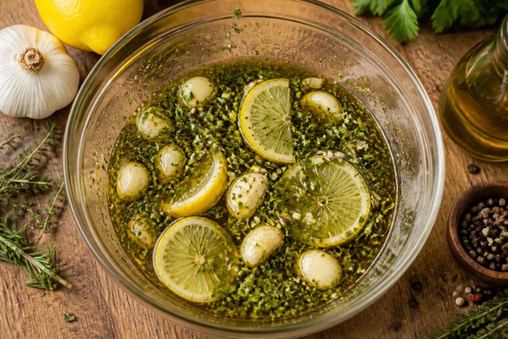 Glass bowl with herbs, garlic, and citrus showing what makes grilled meat marinade authentic on a rustic counter.