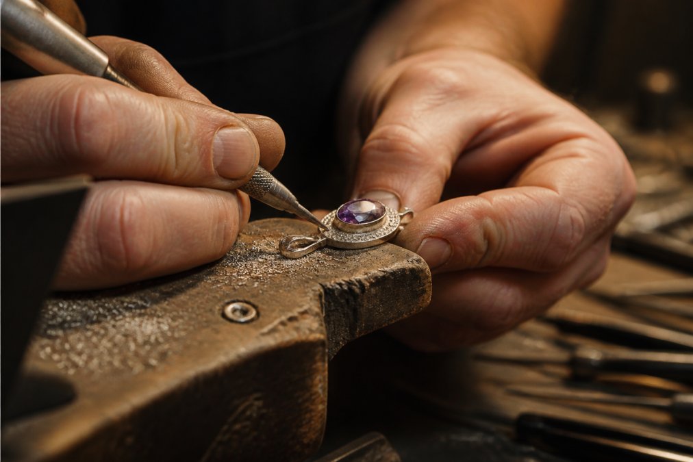 Close-up of a jeweler's hands using precision tools to set a gemstone into a custom pendant, warm workshop lighting, metal filings visible on the bench
