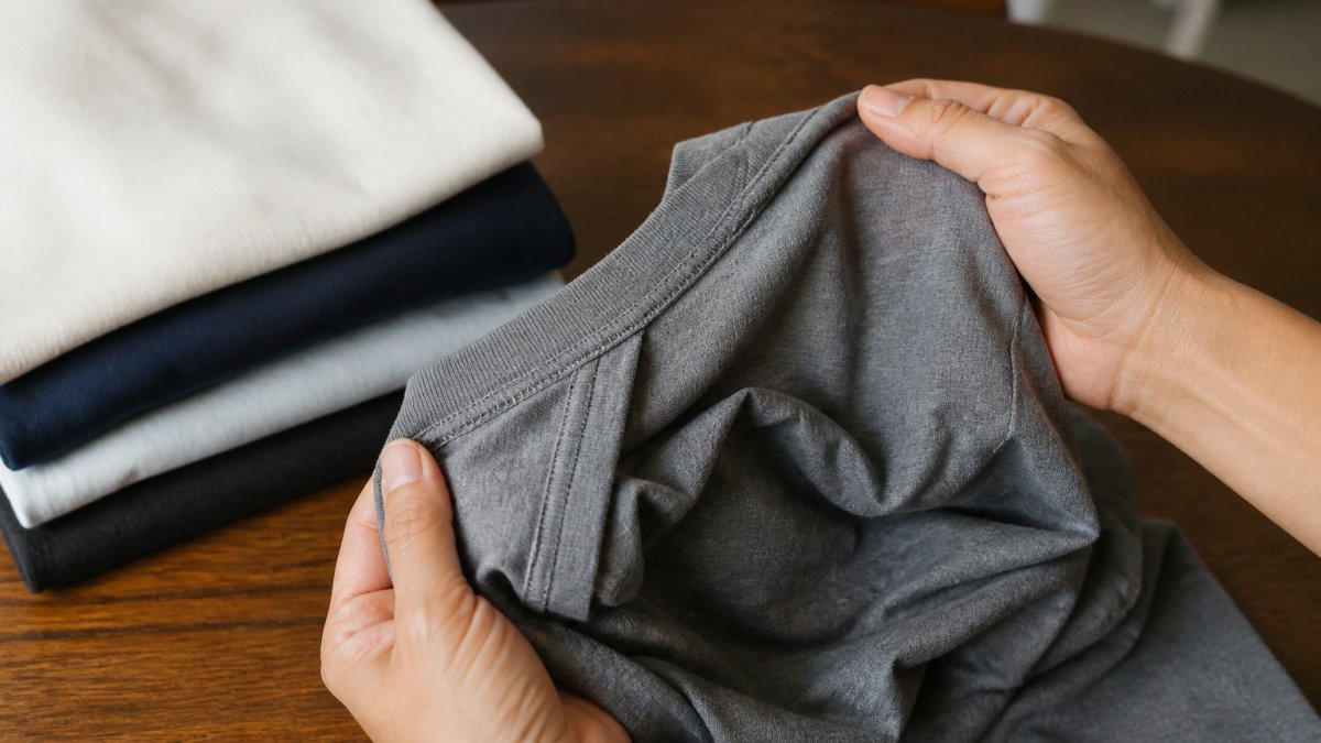 Close-up of hands turning a printed cotton t-shirt inside out to inspect the shoulder seam and ribbed collar, folded tees stacked nearby on a wooden table in soft natural light
