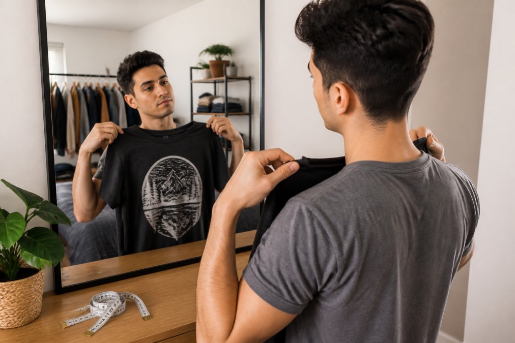 Young adult checking the fit of high quality graphic tees by inspecting shoulder seams in a bedroom mirror