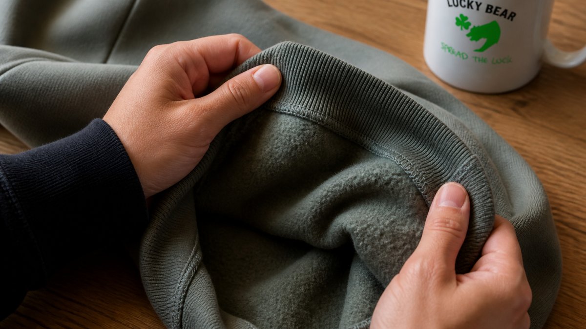 Infographic showing how to inspect seams and brushed fleece lining for quality hoodie construction