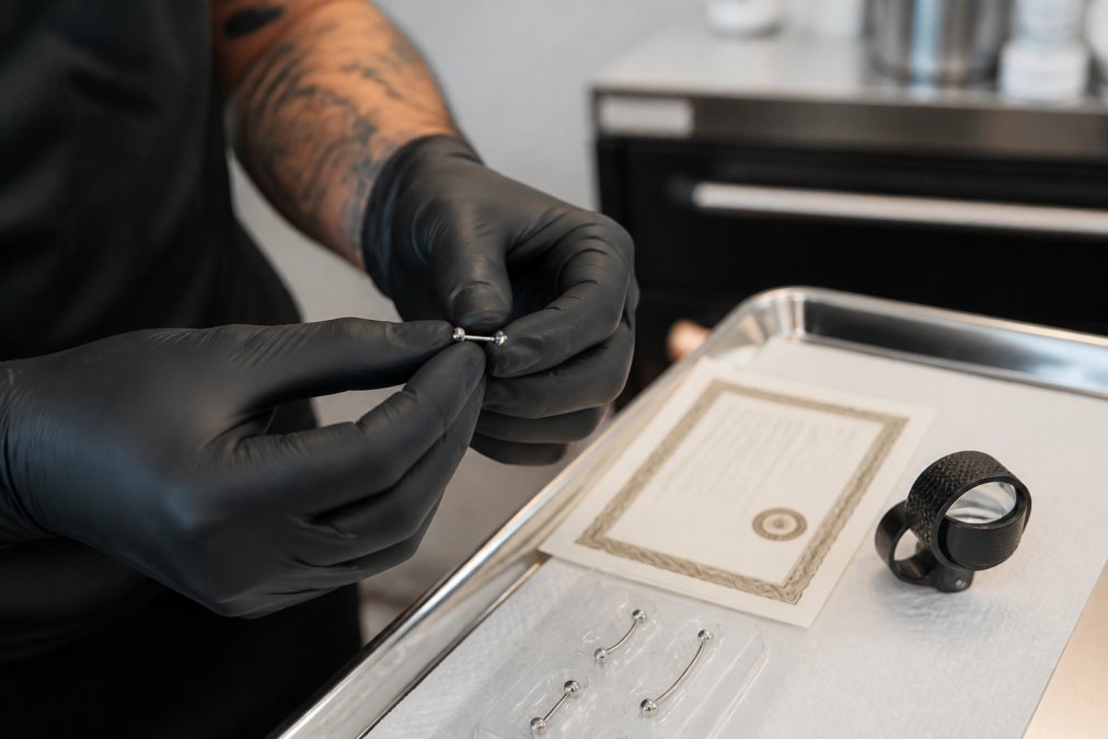 Piercer holding an implant-grade titanium labret stud to verify high quality piercing jewelry with a magnifying loupe