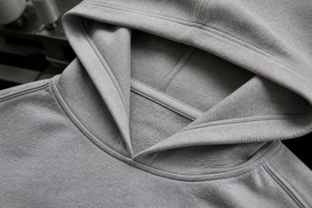 Close-up of a premium hoodie showing detailed double-stitched seams, binding tape reinforcement on neck and shoulders, and flatlock hood construction