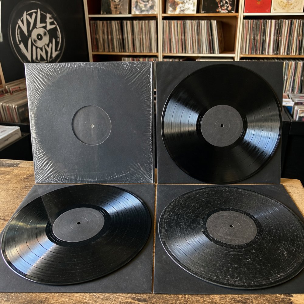 Infographic showing vinyl record grading levels from sealed and mint condition to damaged surface wear.