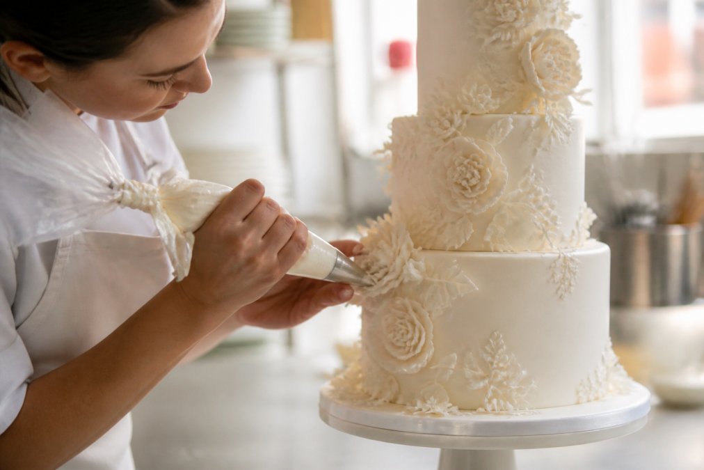 Professional pastry chef's hands piping intricate sugar flowers and hand-piped buttercream details onto a white wedding cake in a bright professional bakery studio with natural light