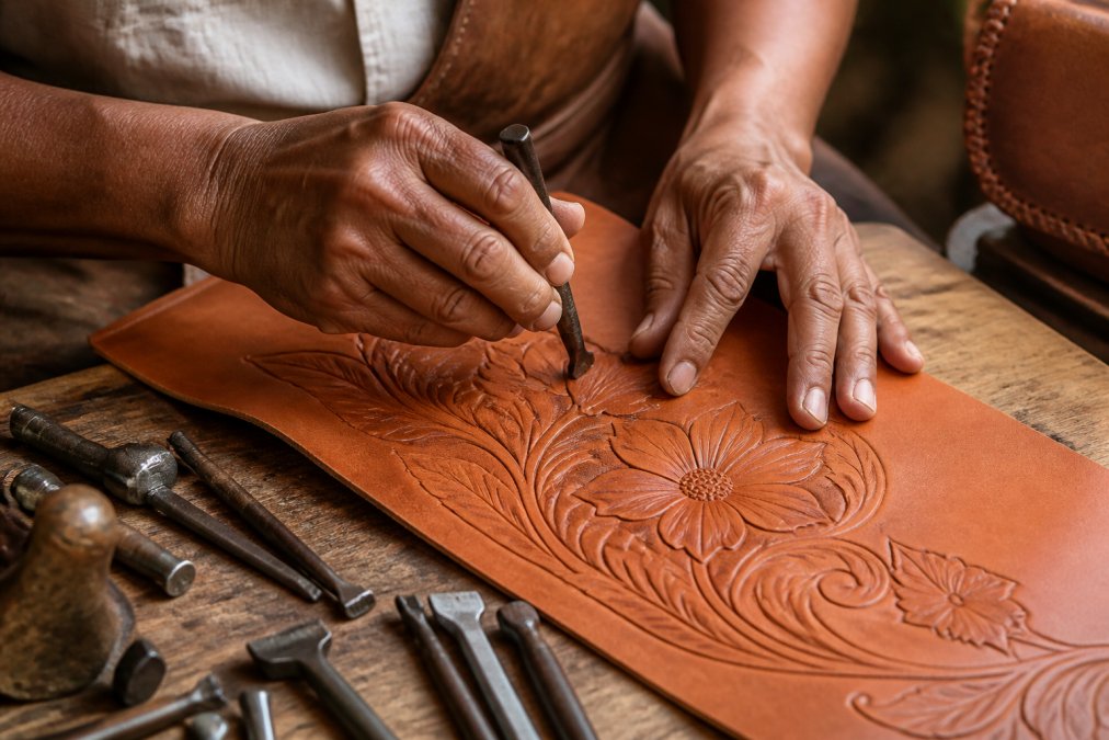 Close-up of artisan hands using a chisel tool to carve floral patterns into a piece of rich tan leather on a wooden workbench, with leather crafting tools scattered around