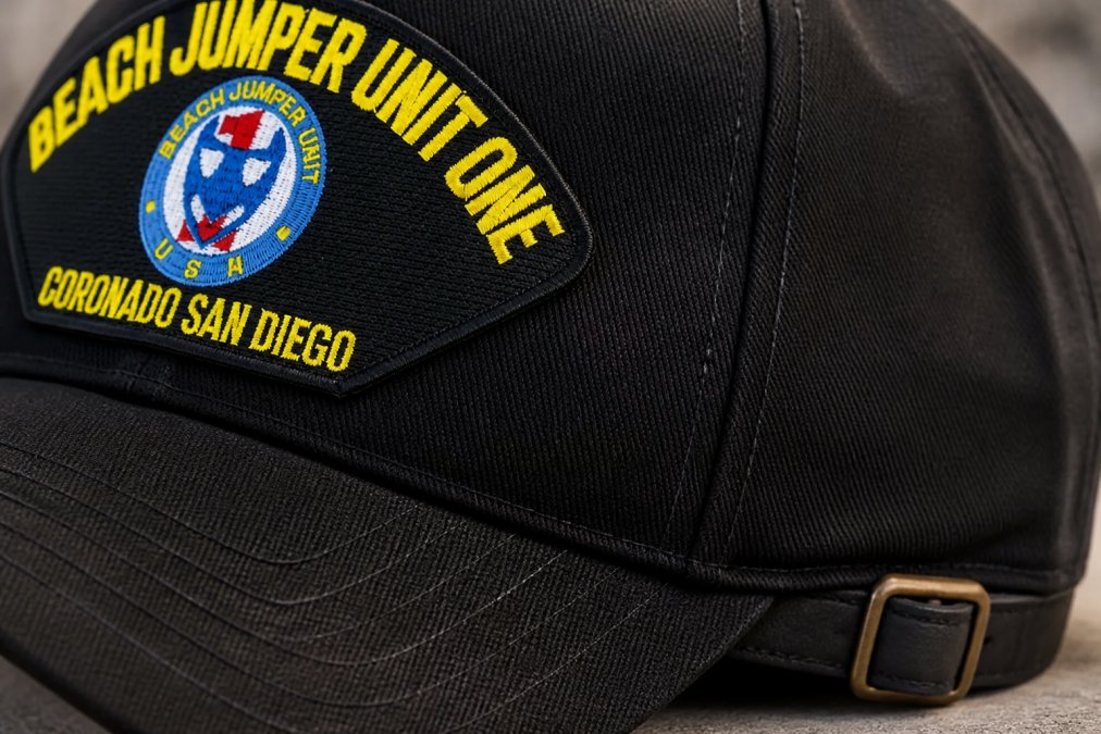 Detailed close-up of reinforced stitching on a military cap showing double-stitched seams and heavy-duty metal hardware attachment points under bright studio lighting