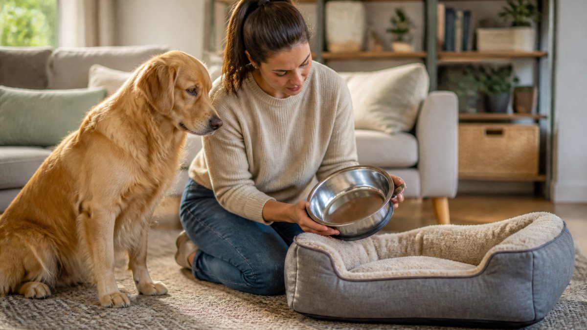 A pet owner kneeling on a living room floor examining a stainless steel pet bowl and a plush dog bed, with a golden retriever watching closely in warm natural light