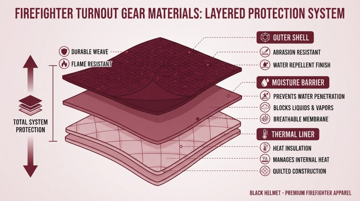 Close-up of firefighter bunker gear fabric layers showing the distinct outer shell, moisture barrier, and thermal liner materials stacked together in cross-section